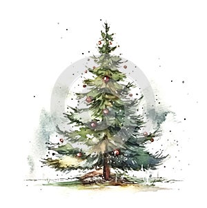 Watercolor green Christmas tree with balls on white background