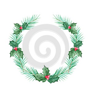 Watercolor green christmas wreath with holly isolated on white background