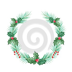 Watercolor green christmas wreath with holly isolated on white background