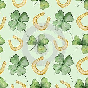Watercolor green clover and golden horseshoes