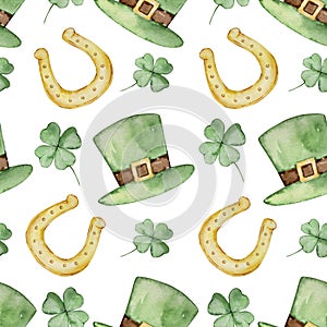 Watercolor green clover, hat and golden horseshoes