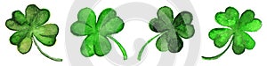 Watercolor green clover shamrock border set isolated