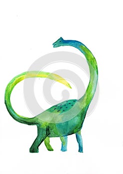 Watercolor green dinosaur on white background. child`s drawing.