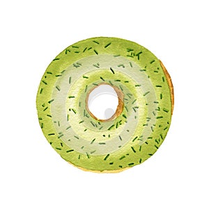 Watercolor green donut with sprinkles isolated