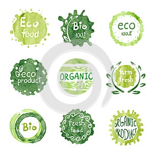 Watercolor green Eco food labels set.