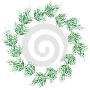 Watercolor green fir tree branches wreath on white background. round christmas wreath