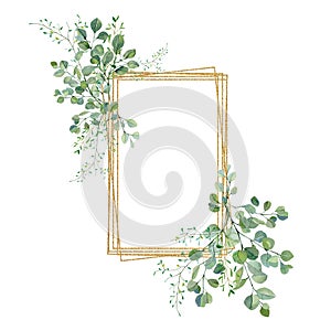 Watercolor green floral frame with eucalyptus leaves and branches on golden frame. Bridal shower card, baby nursery decor