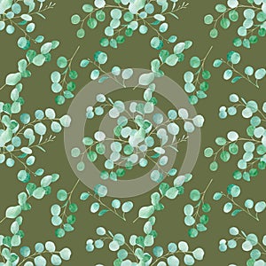 Watercolor green floral seamless pattern with eucalyptus. Hand painted pattern with branches eucalyptus. For design or background