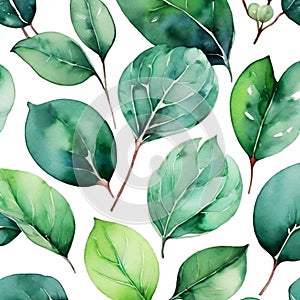 Watercolor green floral seamless pattern with eucalyptus leaves