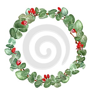 Watercolor green floral wreath with eucalyptus leaves and branches. Christmas decorative border on white background