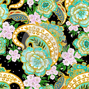 Watercolor Green and gold luxury traditional Indian paisley and white flower arrangement seamless background