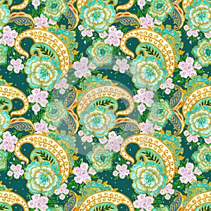 Watercolor Green and gold luxury traditional Indian paisley and white flower arrangement seamless background