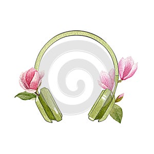 Watercolor green headphones with magnolia flowers. Spring bright illustration isolated on white background. Music hand drawn logo.