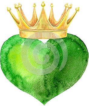 Watercolor green heart with golden crown