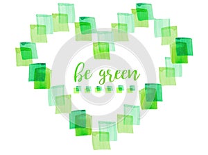 Watercolor green heart made of squares on white background.. Eco friendly illustration photo