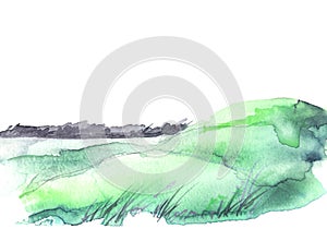 Watercolor green hill, hillock, grass. Summer landscape on white isolated background. Wild green  field plants, herbs, flowers. Wa