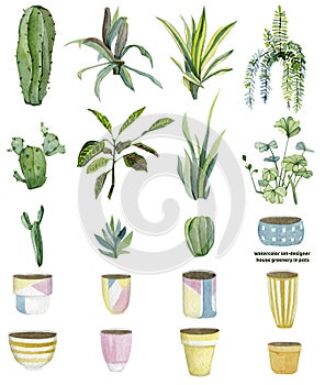 Watercolor green house plants illustration. Set designer house greenery illustration elements in pots for greetig card, banner