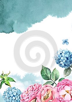 Watercolor green leaves , blue hydrangea and red rose on white background with paint splash for greetings card