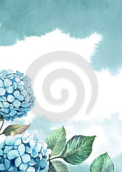 Watercolor green leaves , blue hydrangea on white background with paint splash for greetings card