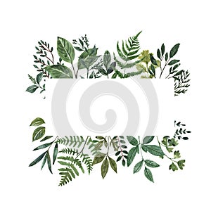Watercolor green leaves, twigs and branches frame. Summer lush greenery border. Wedding invitation photo
