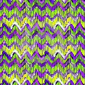 Watercolor green and lilac ikat vibrant seamless pattern. Trendy tribal pattern in watercolour style. Peacock feather.