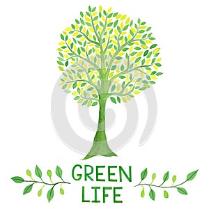 Watercolor green logo with green tree. Green life.