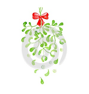 Watercolor green Mistletoe with Berries and Red Bow isolated on White Background. Hand painted winter Merry Christmas and Happy