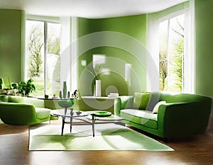 Watercolor of Green modern living room with staged