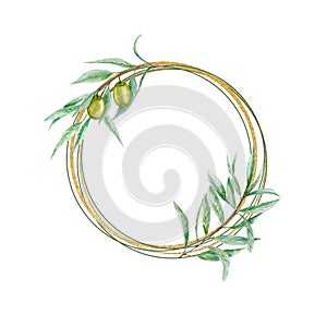 Watercolor green olive wreath, gold frame with olives branch leaves Hand painted illustration on white background