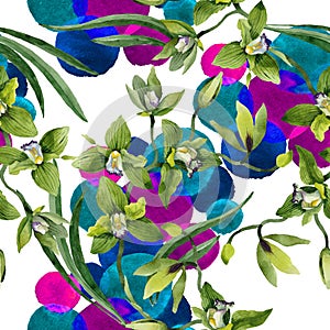 Watercolor green orchid flowers. Floral botanical flower. Seamless background pattern.