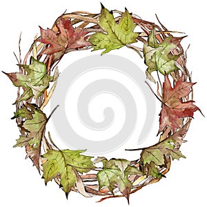 Watercolor green and red maple leaves. Leaf plant botanical garden floral foliage. Frame border ornament square.