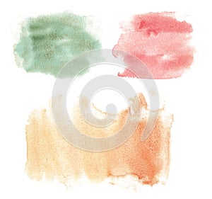 Watercolor green, red, orange brush texture. Hand painted abstract grunge art paint stain.