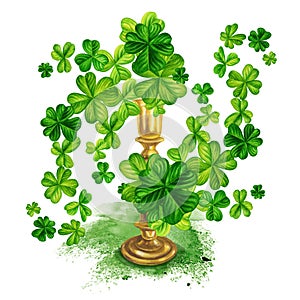 Watercolor green shamrock and gold candlestick for St. Patrick's Day, magic, treasure.