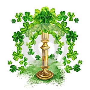 Watercolor green shamrock and gold candlestick for St. Patrick's Day, magic, treasure.