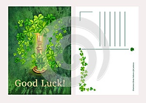 Watercolor green shamrock and gold candlestick for St. Patrick's Day, magic, treasure.