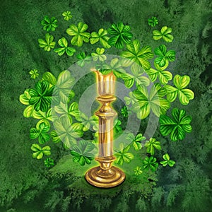 Watercolor green shamrock and gold candlestick for St. Patrick's Day, magic, treasure.