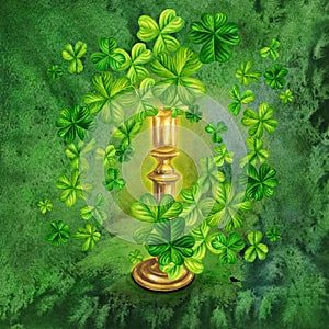 Watercolor green shamrock and gold candlestick for St. Patrick's Day, magic, treasure.