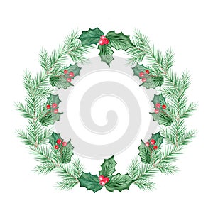 Watercolor green spruce wreath with holly isolated on white background for christmas