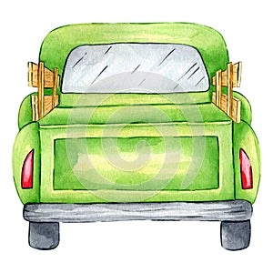 Watercolor green truck isolated on white background. Old american car. Hand painted harvest truck. Retro style pickup