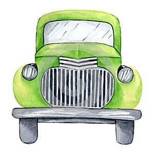 Watercolor green truck isolated on white background. Old american car. Hand painted harvest truck. Retro style pickup