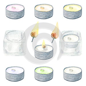 Watercolor green, white, purple, pink and yellow floating candles with candlestick set. Hand drawn traditional elements of home