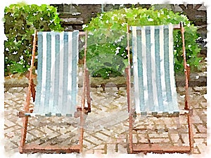 Watercolor of green and white stripy deck chairs