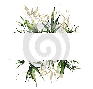 Watercolor greenery bamboo horizontal rectangular frame. Green and golden texture exotic branches, leaves and twigs.