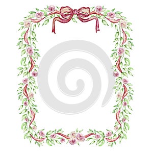 Watercolor Greenery Floral Frame with flowers, bows and ribbons