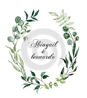 Watercolor greenery frame illustration. Green eucalyptus foliage, herbal barnches wreath