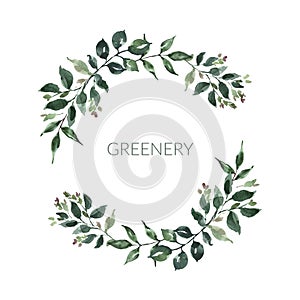 Watercolor greenery frame illustration. Green foliage, leaves circle wreath