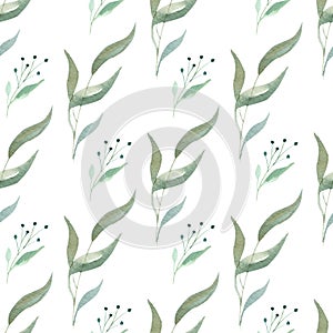 Watercolor greenery seamless pattern. Botanical branches and leaves digital paper.