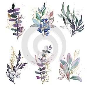 Watercolor greenery set decorated with foiled plants and spots