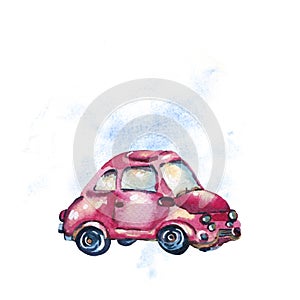 Watercolor greeting card with cute red retro car, vintage illust