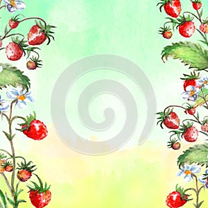 Watercolor greeting card, invitation with a plant strawberry. Blossoming bush with a red berry and flower.